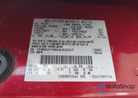 2004 Ford Expedition Eddie Bauer из США, поврежденный, VIN 1FMEU17W64LA25317